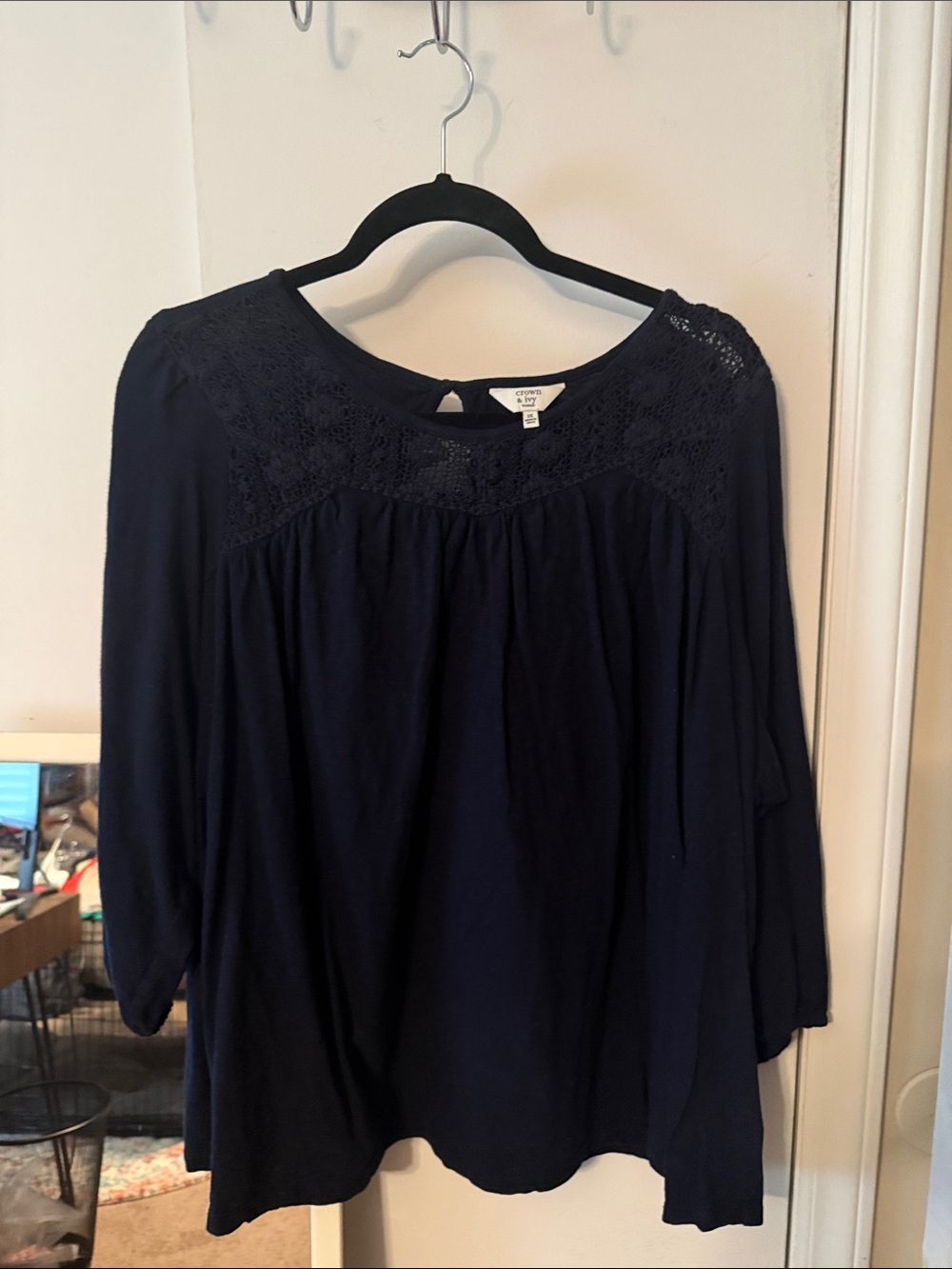 crown & ivy 3/4 sleeve Crochet Yoke Top